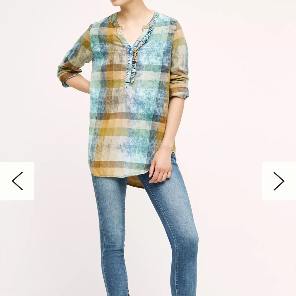 Anthropologie Cloth & Stone Plaid Ruffle Henley Top Acid Wash Boho XS